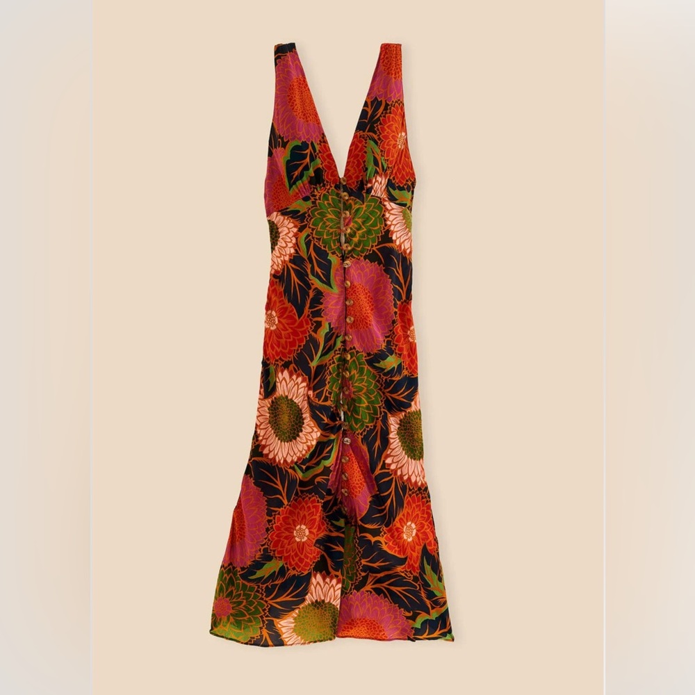 FARM Rio Black Midi Dress with Bright Floral Print (Green, Red, Orange, Pink) - Picture 6 of 11